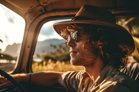 Side view portrait of a smiling handsome guy driver in a straw hat and sunglasses riding in a car on the island. Vacation, travel, trip.の素材