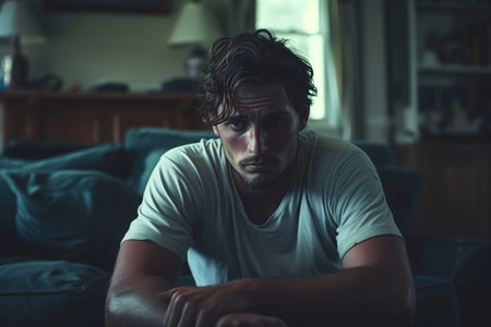 Desperate upset lonely man sitting alone in living room, depression psychological male problem.の素材