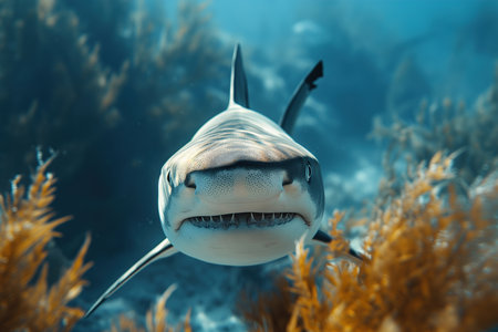 Shark is a dangerous underwater predator swimming into the camera.の素材