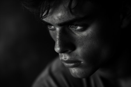 Monochrome fashion male portrait, headshot of a young handsome guy looking away.の素材