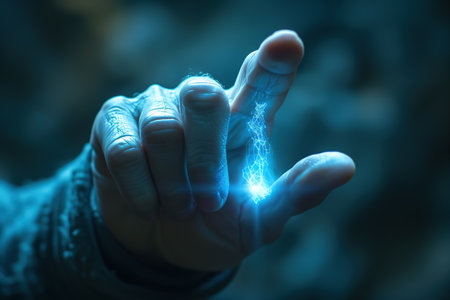 Future technologies concept. Close-up of a senior hand touching an electrical hologram in the air.の素材