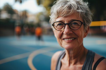 Portrait of smiling cheerful elderly woman athlete training on sports court outdoors, looking at camera. Senior people and sports active lifestyle.の素材