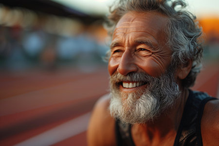 Senior people and sports, happy cheerful elderly man athlete training at stadium outdoors on sunny morning.の素材