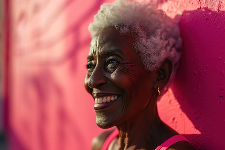 Portrait of happy active cheerful senior African American woman standing against color pink wall background outdoors, lifestyle.の素材