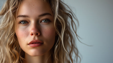 Headshot of a young beautiful Caucasian blonde woman on a gray background looking at the camera.の素材