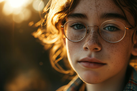 Children lifestyle portrait, cute beautiful girl with freckles and wearing glasses looking at camera outdoors.の素材