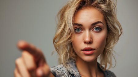Pointing gesture, portrait of a young beautiful Caucasian blonde woman pointing finger at camera.の素材