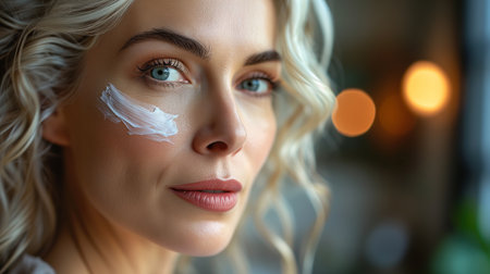 Female beauty cosmetics, self-care middle age. Portrait of a beautiful adult Caucasian blonde woman with moisturizer on face standing in room and looking at camera, close-up.の素材