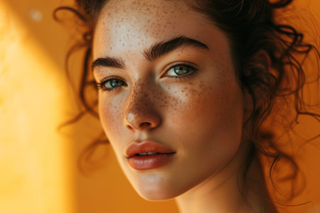 Female beauty, portrait of a young beautiful Caucasian brunette woman with freckles on a yellow background looking at camera.の素材