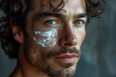 Male cosmetics skin care, portrait of a handsome young Caucasian man with moisturizer on face looking at camera.の素材