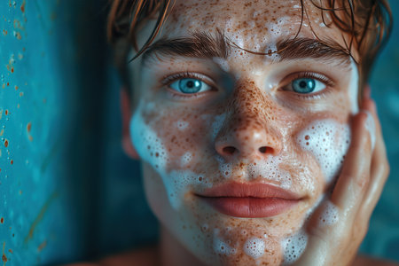 Skin care, men's daily hygiene. Portrait of a handsome guy with freckles washing his face with moisturizing foam in the bathroom and looking at camera.の素材
