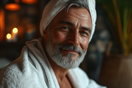 Men's wellness and beauty, spa. Smiling handsome middle-aged man in a bath robe and a towel on head enjoying relaxation and self-care.の素材