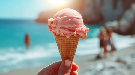 Close-up of a hand holding ice cream in a waffle cone on a sunny summer day at sea, relaxation.の素材