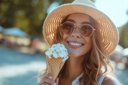 Portrait of a happy pretty young woman with ice cream in a waffle cone, lady in a hat and glasses on vacation on a sunny day on the beach.の素材