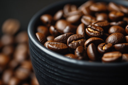 Close-up of brown aromatic coffee beans in a bowl.の素材