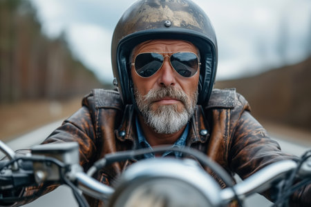 Portrait of a bucker on a motorcycle riding along the road, a brutal handsome middle-aged man driver in a leather biker jacket and glasses.の素材