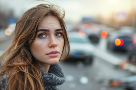 Portrait of an upset woman having an accident on road, a broken car.の素材
