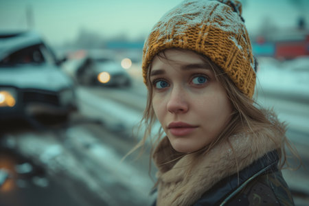 Portrait of an upset woman driver, accident on road in winter broken car.の素材