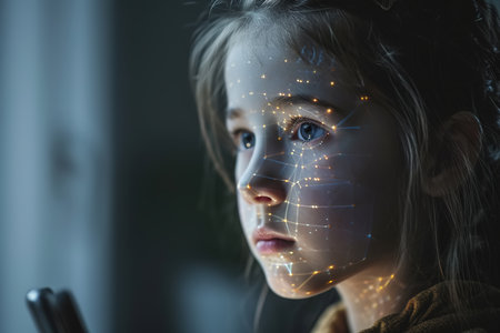 Scanning child face recognition, biometrics. Portrait of a Caucasian girl with a virtual mesh hologram on her face using a smartphone.の素材