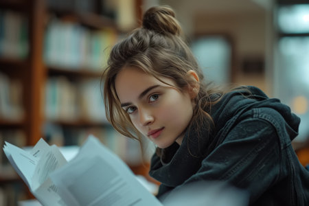 Smart beautiful female college student sitting with notes at the table in the classroom.の素材