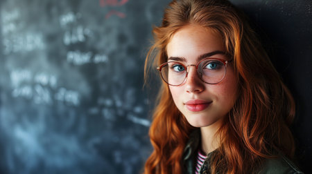 Portrait of a cute Caucasian red-haired student wearing glasses on the background of a school board, banner with copy space. Study, university, college.の素材