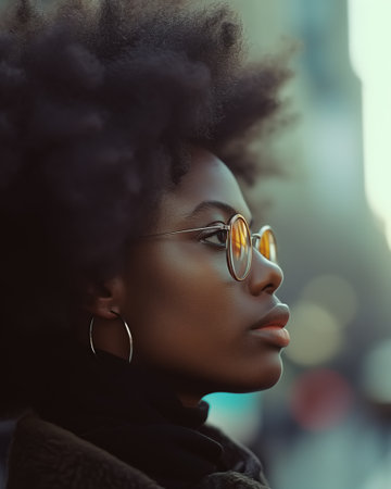 African american woman wearing glasses looks off into the distance, lost in thought.の素材