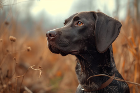 Captured in the essence of the hunt, this diligent hunting breed dog remains intently focused amidst the hazy golden hue of a cool autumn morning.の素材