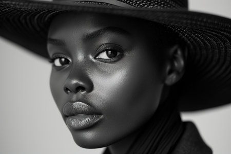 A fashion portrait of an African American woman confidently wearing a hat on her head.の素材