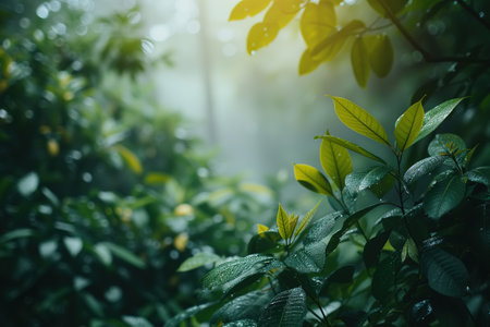 dense forest with a vibrant green canopy, depicting a flourishing ecosystem.の素材