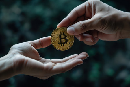 Cryptocurrency exchange, close-up of a hand giving away a bitcoin coin, e-commerce business.の素材