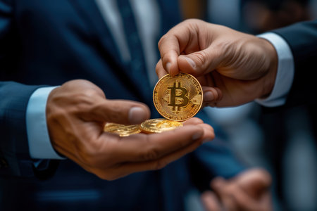 Bitcoin businessmen exchange, decentralized currency digital revolution and potential financial prosperity.の素材