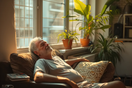Tired sleepy senior man resting in living room, elderly Caucasian man sleeping in a chair.の素材