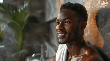 Spa, men's hygiene. Smiling African American handsome young man in the bathroom.の素材