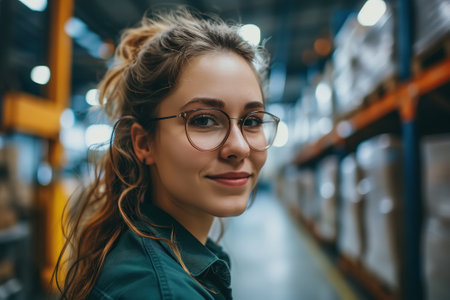 Portrait of a beautiful woman in glasses in a warehouse looking at the camera.の素材