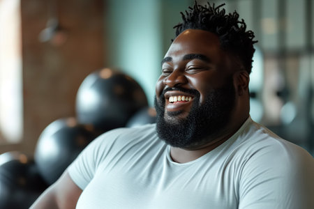 Fat African American man with a beard smiles while working out in the gym, training to lose weight.の素材