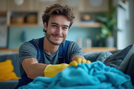 A man wearing cleaning gloves and a smile on his face, energetically wipes down a couch with a cloth.の素材