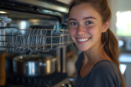 Housewife with a smile on her face stands in front of the oven and does household chores. Happy young woman cleaning the kitchen looking at the camera.の素材