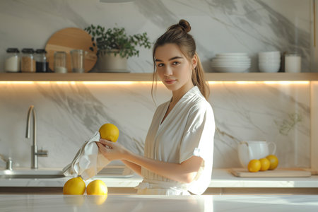 A housewife wearing a white robe stands holding lemons, possibly for cleaning or cooking purposes.の素材