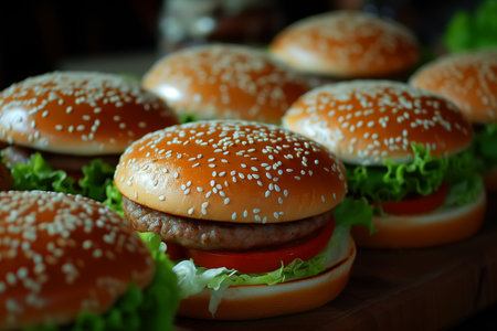 The table is covered with many hamburgers. Burger production.の素材