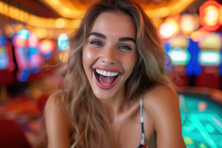 Luck, victory, jackpot or fortune concept. Emotional woman in a casino smiles showing her enthusiasm after winning.の素材