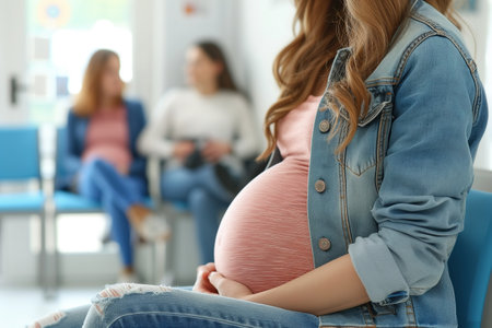 Close-up of an unrecognizable pregnant woman sitting in a waiting room indoors. Women's medical consultation.の素材