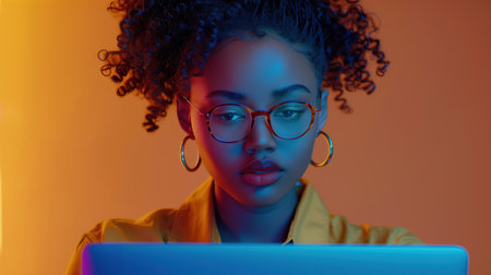 Woman with glasses sits in front of a laptop and looks intently at screen. African American female student participating in an online course or training, against a banner with copy space.の素材