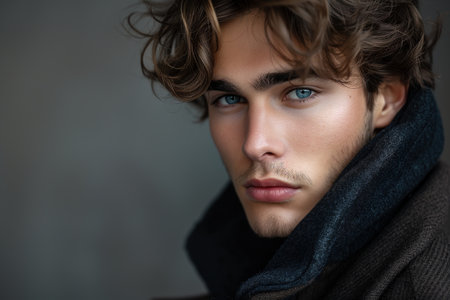 Portrait of a handsome young man stylishly dressed in a coat. Men's fashion autumn spring.の素材