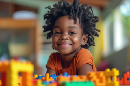 Small African-American child with dreadlocks smiles directly at camera while playing with a construction set while sitting in kindergarten or at home.の素材