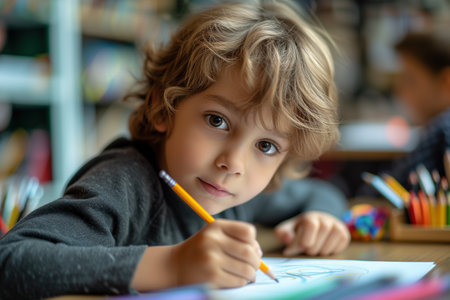 Preschool education, boy drawing indoors.の素材