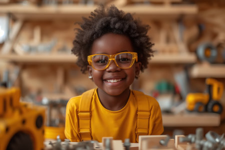 African American girl in yellow glasses smiles brightly from a game or a creative hobby. A child playing with a constructor in a kindergarten or elementary school.の素材