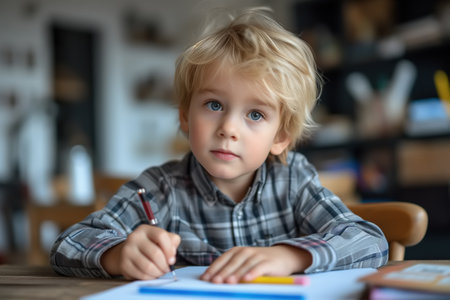 Children education, a boy sits at the table holding a pen and focused paper on drawing and creative activity.の素材