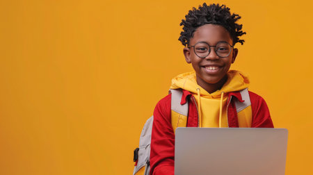 Young boy wearing glasses using laptop for online learning.の素材
