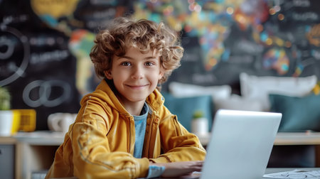 Caucasian boy sits in front of a laptop and does online learning.の素材