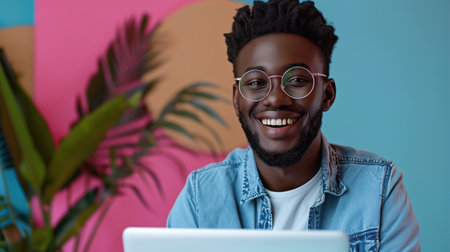 Happy man with glasses smiling using laptop indoors.の素材